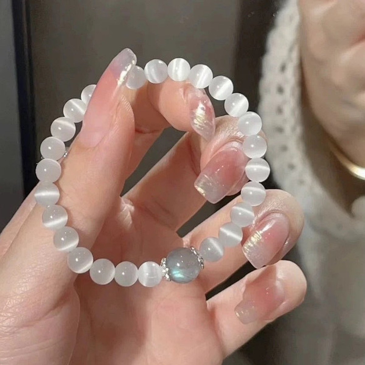 Ice Blue Cat Eye Bead Bracelet flat lay detail thumbnail