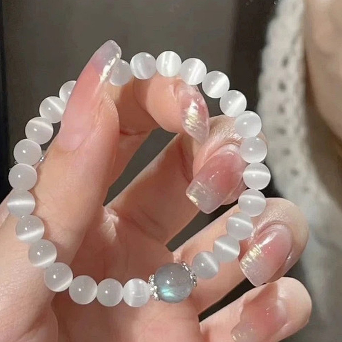 Ice Blue Cat Eye Bead Bracelet close bead detail thumbnail