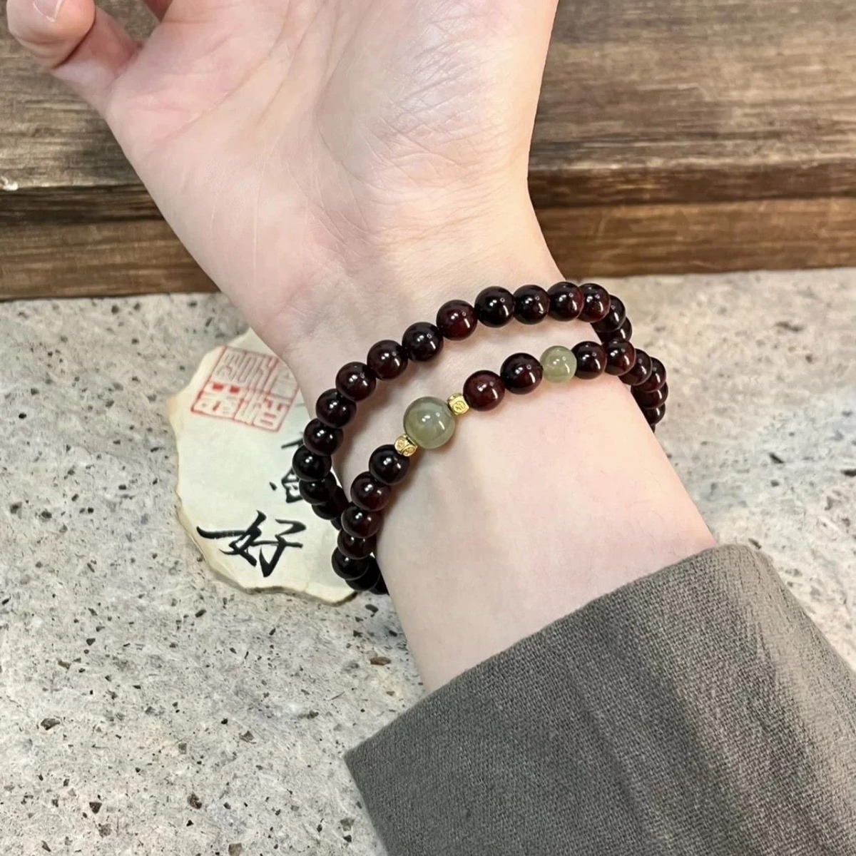 Deep Garnet Bead Bracelet wrist styling thumbnail