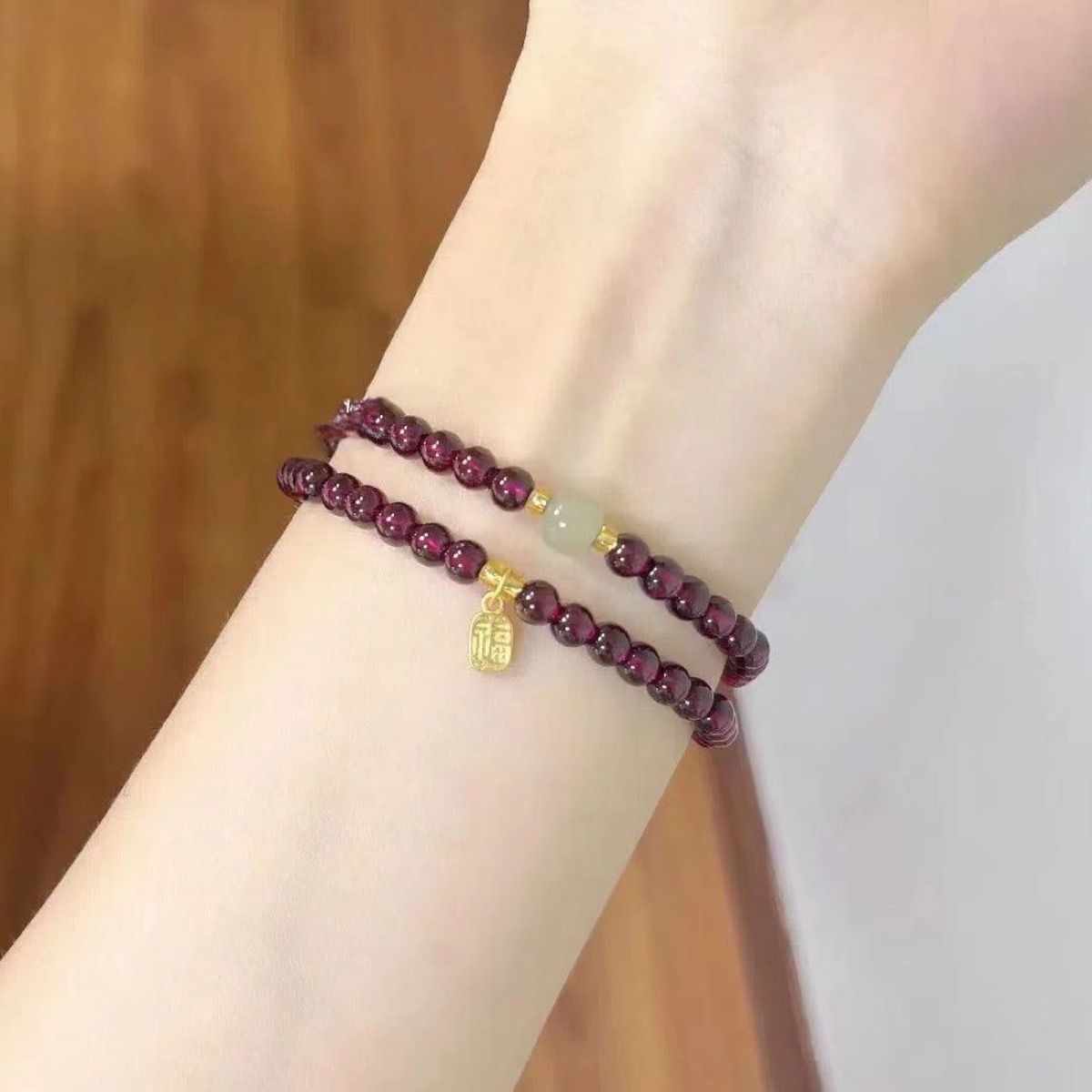 Burgundy Garnet Wrap Bracelet wrist styling thumbnail