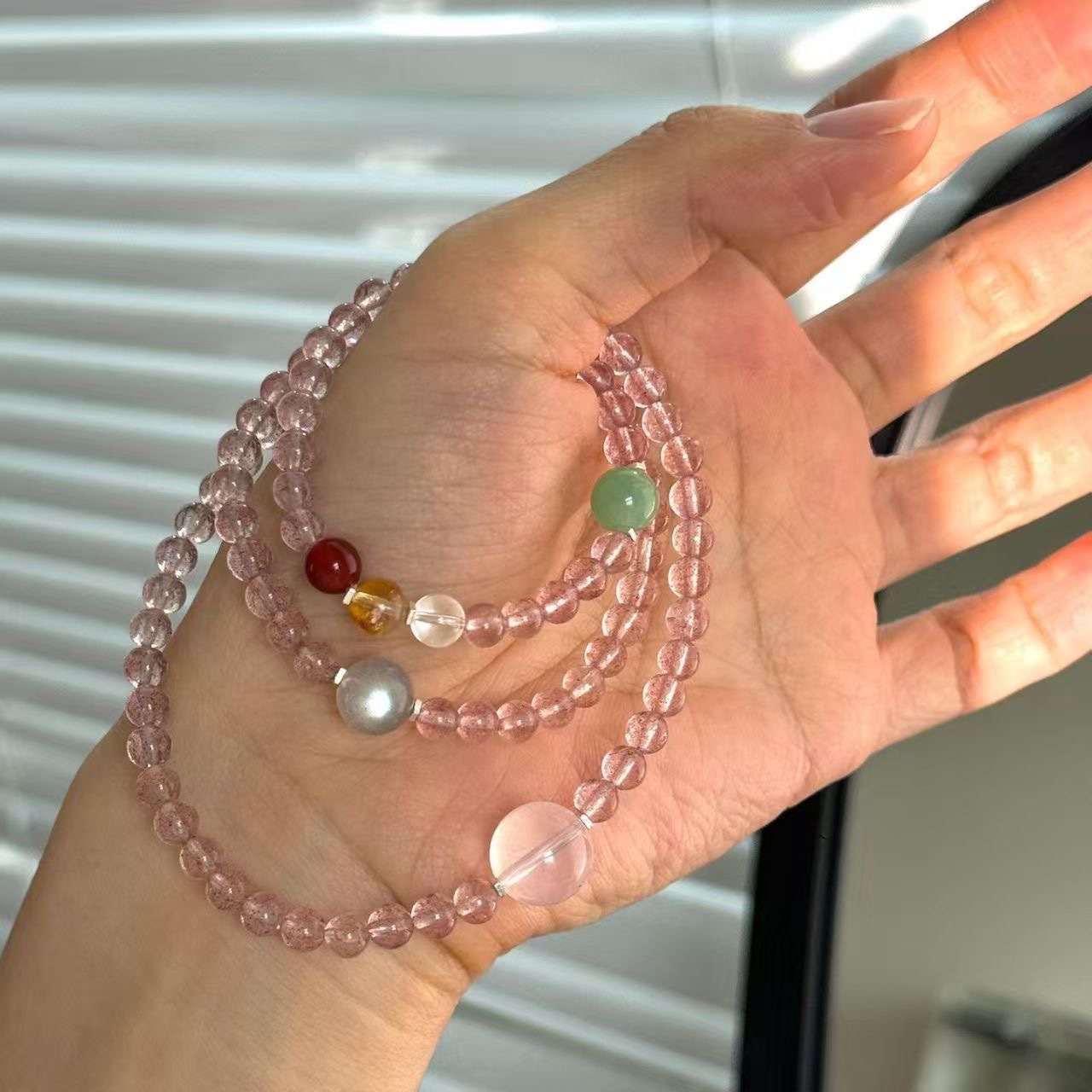 Blush Ice Strawberry Crystal Wrap Bracelet flat lay detail thumbnail